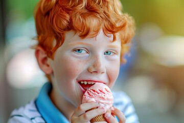 Naklejka premium a young boy with red hair is eating an ice cream cone