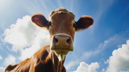 Close-up portrait of a cow against a blue sky with clouds. - Powered by Adobe
