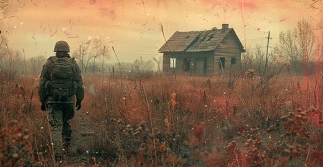 A solitary figure stands in the midst of nature, capturing the tranquil beauty of the rural landscape through their skilled strokes of paint, while a quaint house nestled in the distance adds a touch - obrazy, fototapety, plakaty