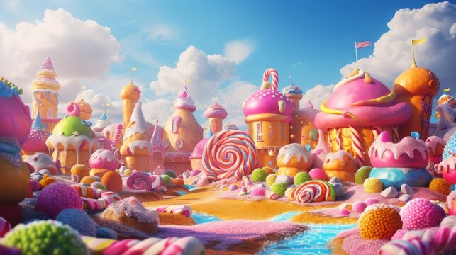 In a surreal candy-coated landscape, a whimsical fantasy world of vibrant hues and sugary treats unfolds.

