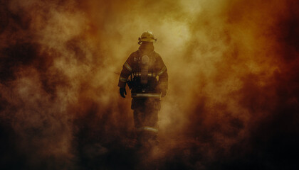 The firefighter s unwavering resolve shines through the smoke filled air undeterred by the challenging conditions as he remains focused on the task at hand. Copy space image. Place for adding text