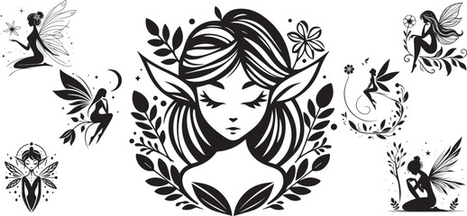 pixie vector set, Cute Fairy art. Beautiful Fairies silhouette collection, girls with wings, black and white vector graphics - obrazy, fototapety, plakaty