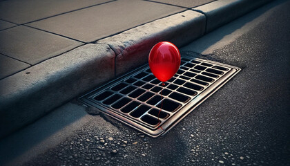 A single red balloon, vibrant and glossy, is tied with a delicate string to a metal grate that covers a street gutter
