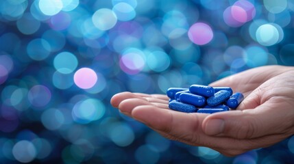Close up of man s hand holding blue  viagra  pill with blurred background and copy space for text