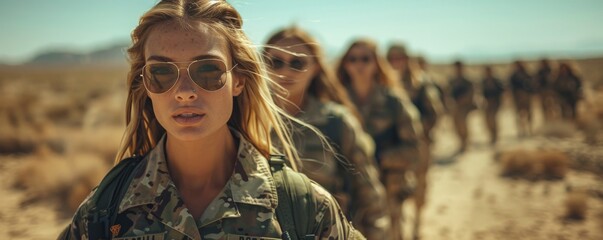 A determined group of female soldiers, clad in military uniforms and camouflage, stand strong against the desert sun as they prepare for their mission, their faces determined and their goggles reflec - obrazy, fototapety, plakaty