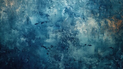 Textured blue and gold abstract acrylic painting with rustic elements.