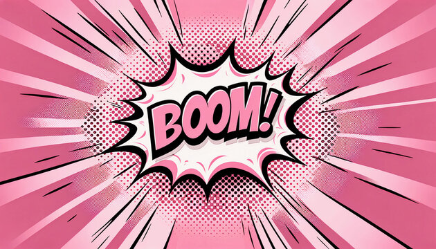 A vibrant bubble gum pink pop comic book art background with the word BOOM