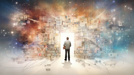 Man contemplates an expansive cosmic library, symbolizing the infinite information universe. Concept of data analysis, digital archive, streaming services, virtual reality, and information technology