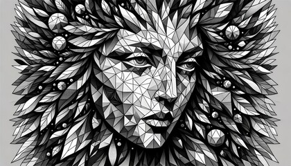 a geometric art piece in a 16_9 aspect ratio, fully covering the canvas, depicting Mother Nature's face. The artwork should utilize a multitude