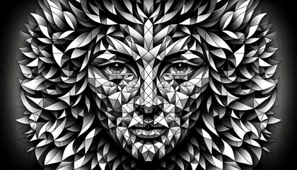 a geometric art piece in a 16_9 aspect ratio, fully covering the canvas, depicting Mother Nature's face. The artwork should utilize a multitude - obrazy, fototapety, plakaty