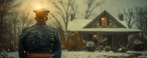 Braving the winter chill, a stoic man in uniform guards the snow-covered house with unwavering determination