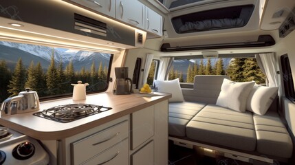 Comfortable motorhome interior design with cozy interior and scenic nature outlook. Concept of mobile living, adventure travel, road trips, and nature-connected lifestyles