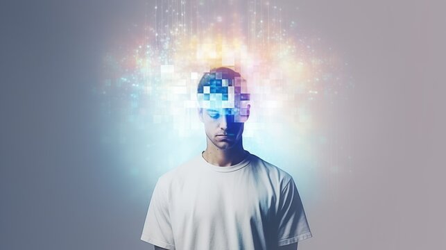 Man with a head transforming into digital blocks. Concept of virtual reality, digital identity, online anonymity, internet usage, and virtual presence.