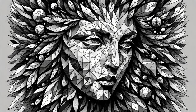 a geometric art piece in a 16_9 aspect ratio, fully covering the canvas, depicting Mother Nature's face. The artwork should utilize a multitude