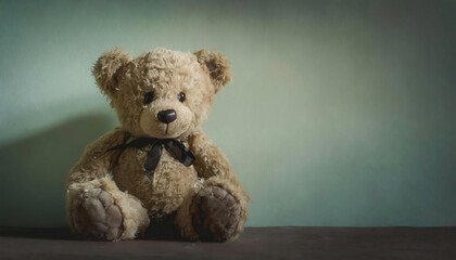 An old and worn sad looking Teddy bear sitting next to a wall