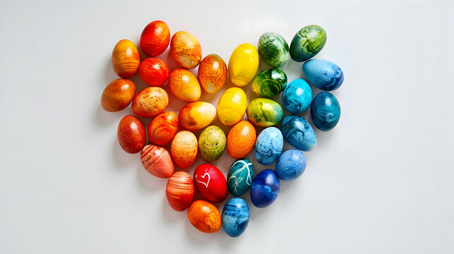 A clear and crisp image capturing colorful Easter eggs arranged in the shape of a joyful heart against a backdrop of pristine white, symbolizing love, happiness,