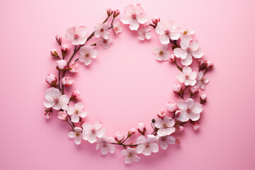 Obraz premium Flowers composition. Wreath pink flowers on pink background. Spring, summer, easter concept. Flat lay, top view, copy space. Flower background. Generative AI