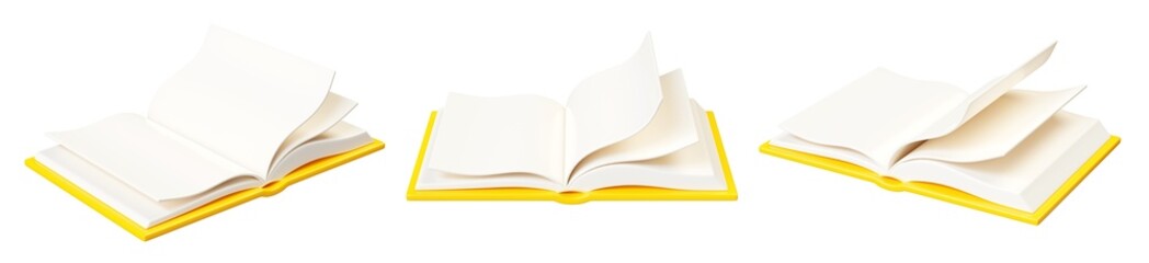 Open paper book with white pages and yellow hard cover in different angles of view. 3D render illustration set - obrazy, fototapety, plakaty