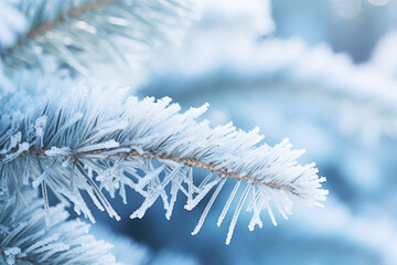 Pine branches covered with rime. Natural winter background. Winter nature. Snowy forest. Christmas background. Generative AI