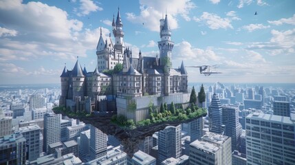 Obraz premium Amidst the mundane cityscape, a surreal floating castle creates a striking juxtaposition between fantasy and reality. 
