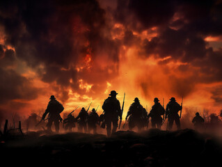 Silhouette soldiers stand tall amidst a fiery sky, braving the chaos and upholding their duty.