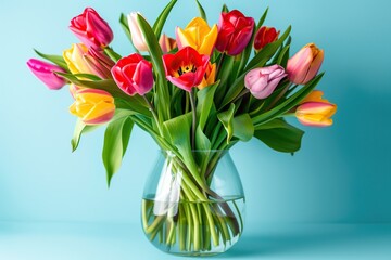 Fototapeta premium Fresh cut tulip flowers in vase on blue background