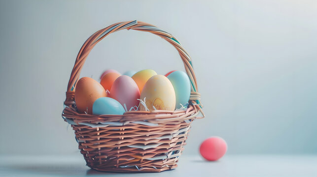 A crystal-clear image of an Easter egg basket filled to the brim with colorful eggs, set against a pristine white background