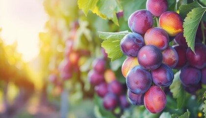 Ripe plums and oranges on tree in greenhouse, healthy fruits concept with text space