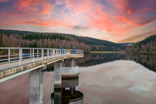 sunset at falkenstein dam, vogtland saxony germany