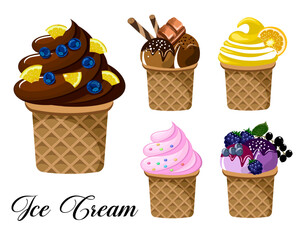 Delicious ice cream in a set.Colored vector set of beautiful ice cream in cups.
