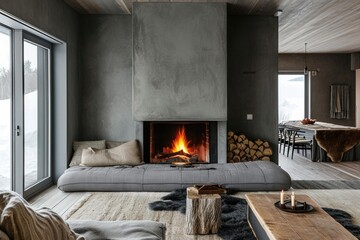 Minimalist Interior with Concrete Fireplace