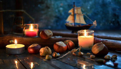 Vintage background with burning candles, chestnuts and a wooden ship