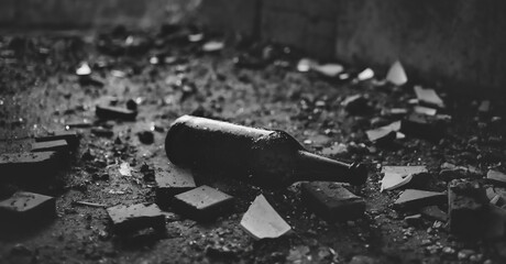 Empty bottle of beer thrown on the ground. The concept of alcoholism, ecology and Pollution - obrazy, fototapety, plakaty