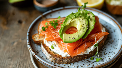 Avocado toast with smoked salmon for breakfast, homemade cuisine and traditional food, country life