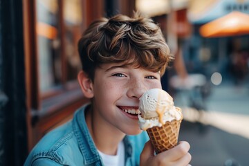 A young boy enjoys his ice cream cone with a smile outside a restaurant