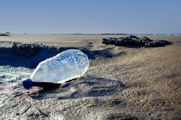 A discarded plastic bottle lying on the beach