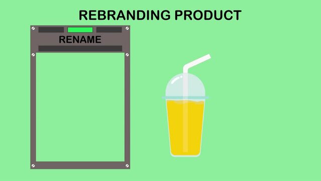 animated illustration of product rebranding, starting from repackaging, renaming and repositioning. suitable for business education or strategies to increase branding value. looping animation