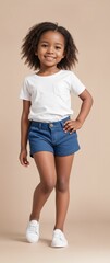 Obraz premium A young and cute child wearing a blank plain t-shirt in a studio photo, perfect for mockups or designing custom shirts as templates