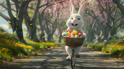 A fluffy white rabbit enjoys a leisurely bike ride down a tree-lined lane, its basket filled with colorful Easter eggs