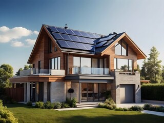 Modern house with solar panels on the roof, renewable green energy concept, architecture background, 