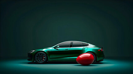 A sleek modern electric car painted in a vibrant shade of green, with a glossy finish, transporting a shiny red egg as part of its festive Easter display - obrazy, fototapety, plakaty