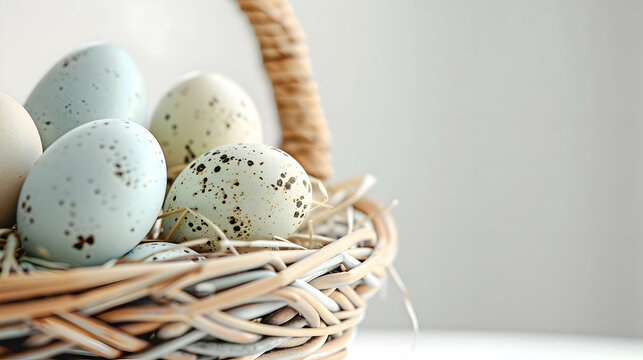 A stunningly clear image capturing the texture and craftsmanship of an Easter egg basket, with pastel-colored eggs nestled within against a clean white surface