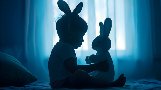 A silhouette of a boy wearing bunny ears cuddling a toy rabbit with the blue hues of dawn breaking in the background