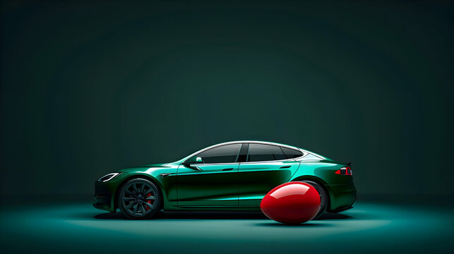 A sleek modern electric car painted in a vibrant shade of green, with a glossy finish, transporting a shiny red egg as part of its festive Easter display