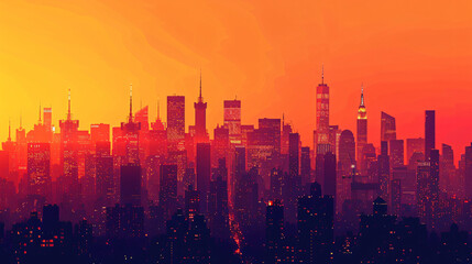 Fototapeta na wymiar Urban Skyline Silhouettes at Dusk - Minimalist Wallpaper