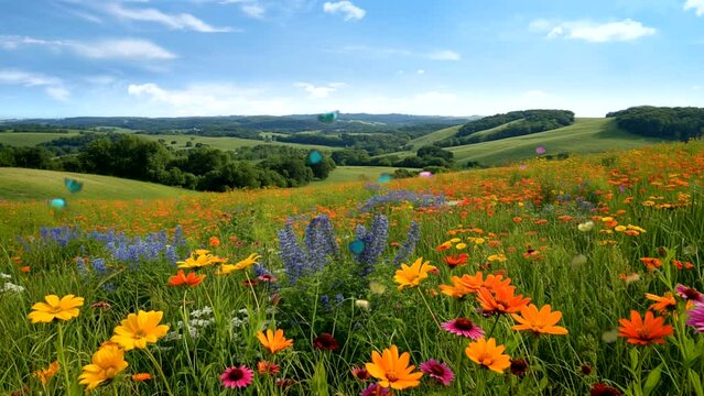The amazing phenomenon of spring scenery with various kinds of beauty, colorful flower fields, flying butterflies, Seamless looping time-lapse 4k animation video background Generated AI
