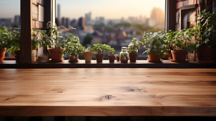 A pristine wooden tabletop rests in a modern kitchen, its surface smooth and inviting. Against a backdrop of soft, blurred lights, the scene exudes cleanliness and brightness. - obrazy, fototapety, plakaty