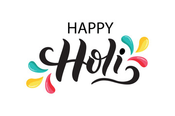 Happy Holi handwritten text. Hand lettering, modern brush ink calligraphy isolated on white background. Indian festival of colors theme. Vector illustration Typography flat design for card, poster