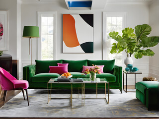 modern living room with green furniture, Contemporary Green Oasis: Modern Living Room Adorned with Stylish Green Furniture" Generative AI