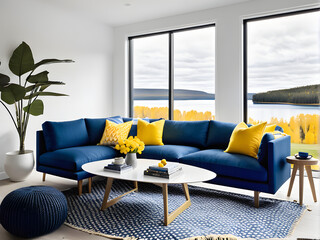 Striking Blue Sofa with Yellow Cushions Centers Scandi Living Room
